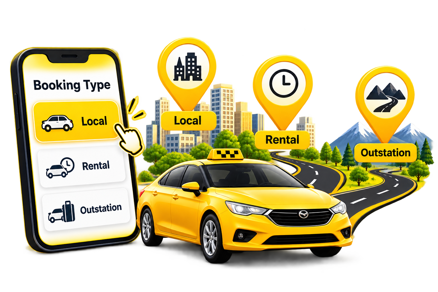 Booking Type selection on the taxi booking screen showing Local, Rental and Outstation