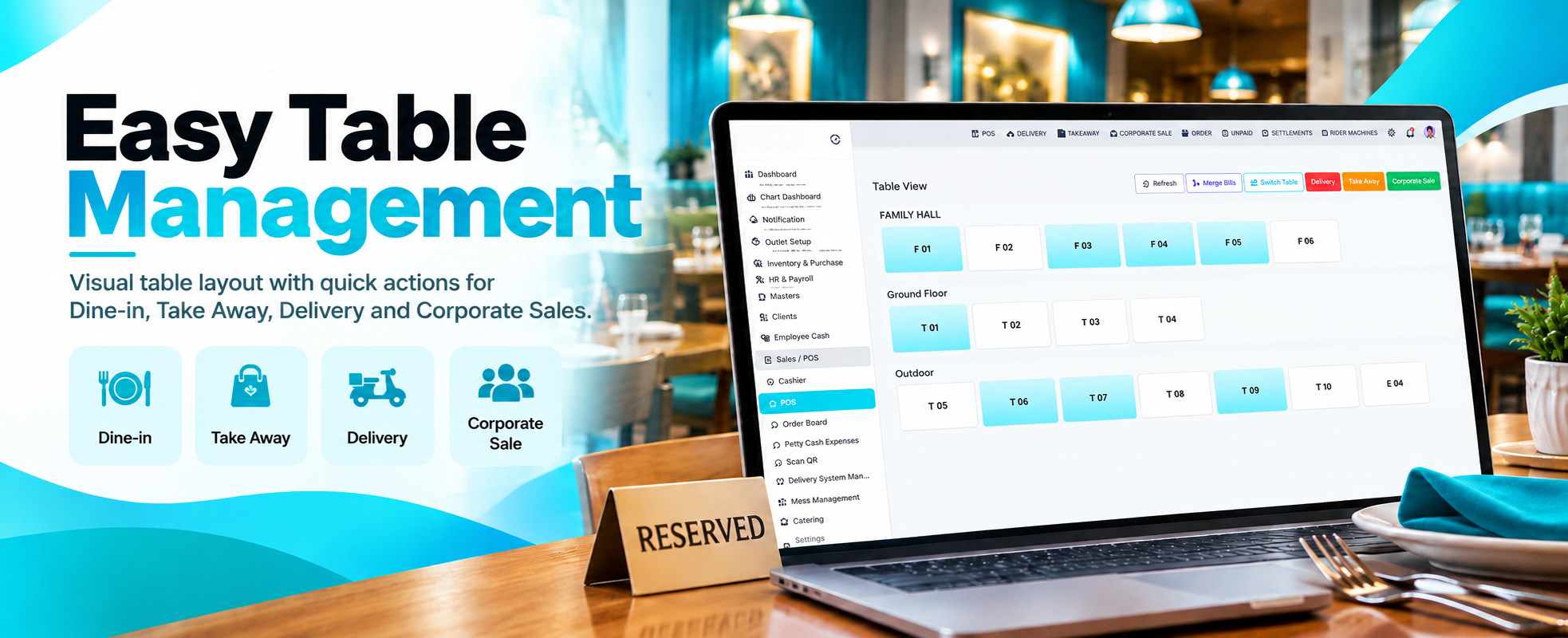 Restaurant POS table view showing Family Hall, Ground Floor and Outdoor areas with table occupancy, Merge Bills and Switch Table controls