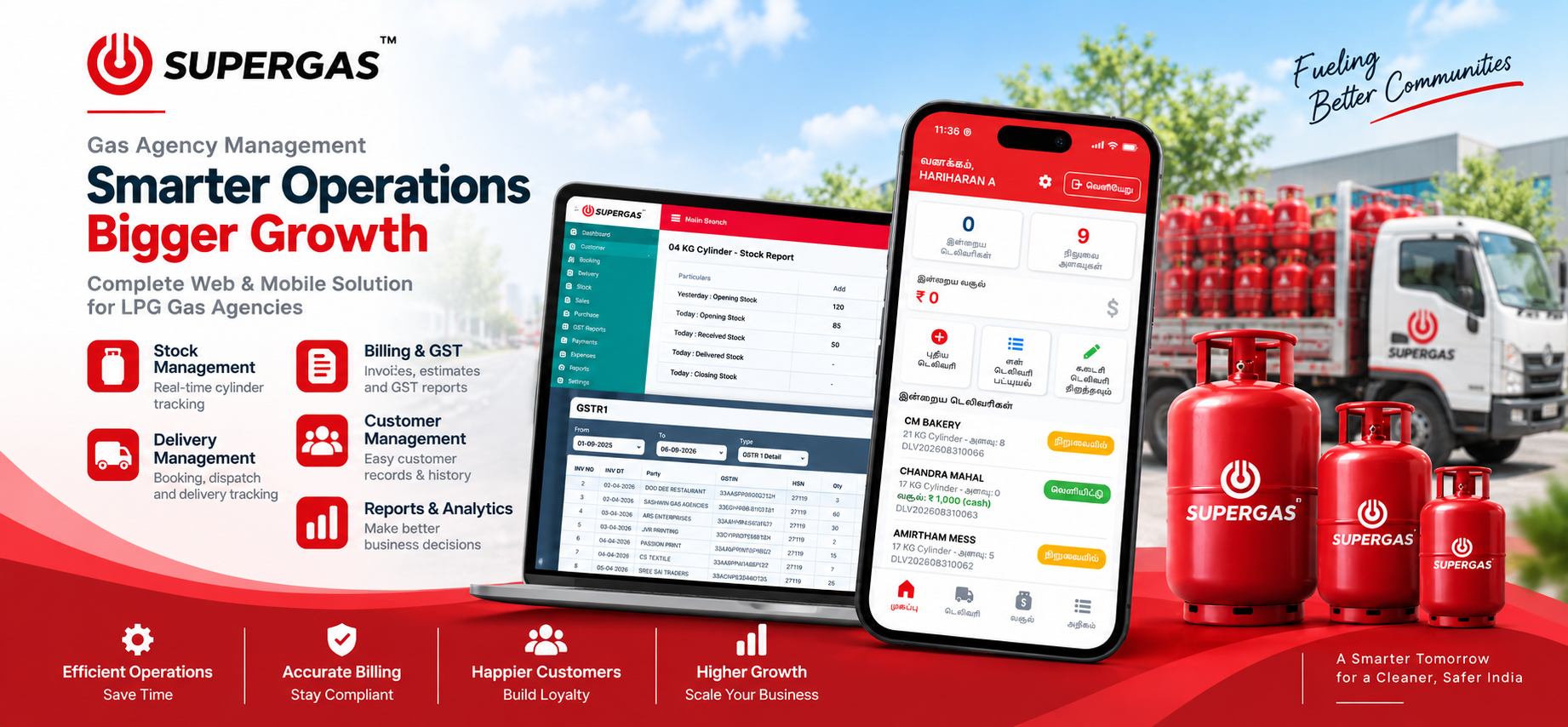 Gas agency management software: web dashboard with cylinder stock report and the Tamil delivery mobile app