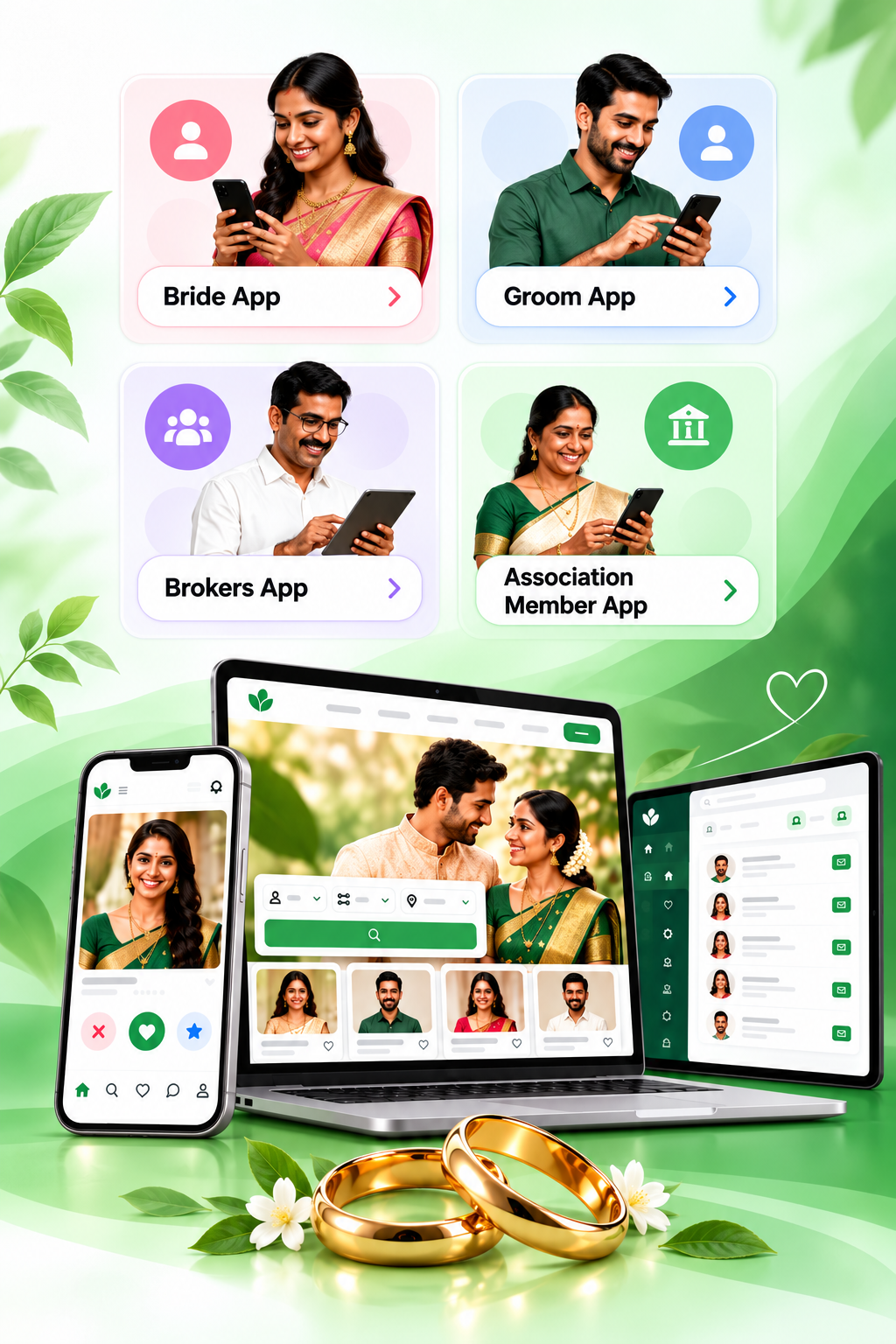 Matrimony website search screen with partner preference filters and member profile results