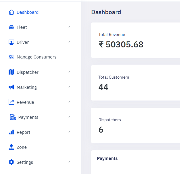Taxi admin application sidebar listing the fleet, driver, manage consumers, dispatcher, marketing, revenue, payments, report, zone and settings modules