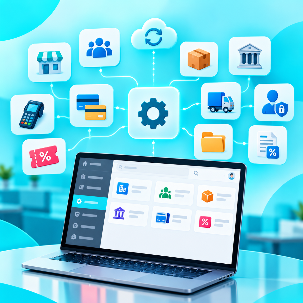 Restaurant management software navigation covering POS, inventory, HR, catering and reports